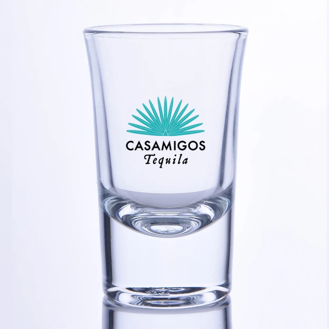 Turquoise icon and black text logo-printed shot glass — Model 1003c