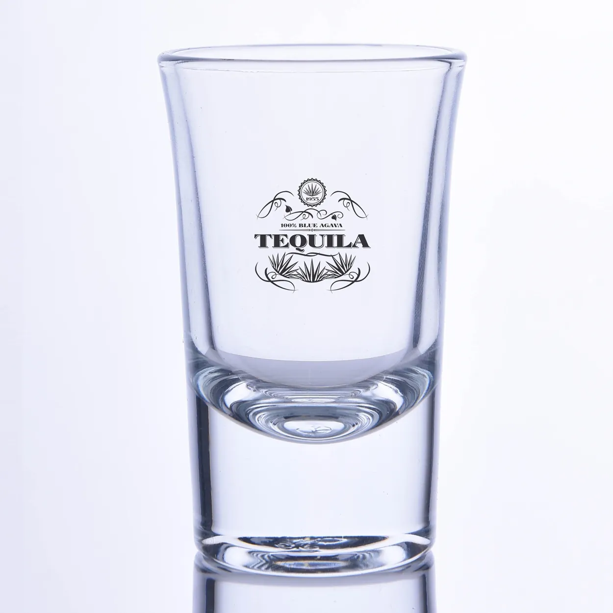 Black label-style logo-printed shot glass — Model 1003c