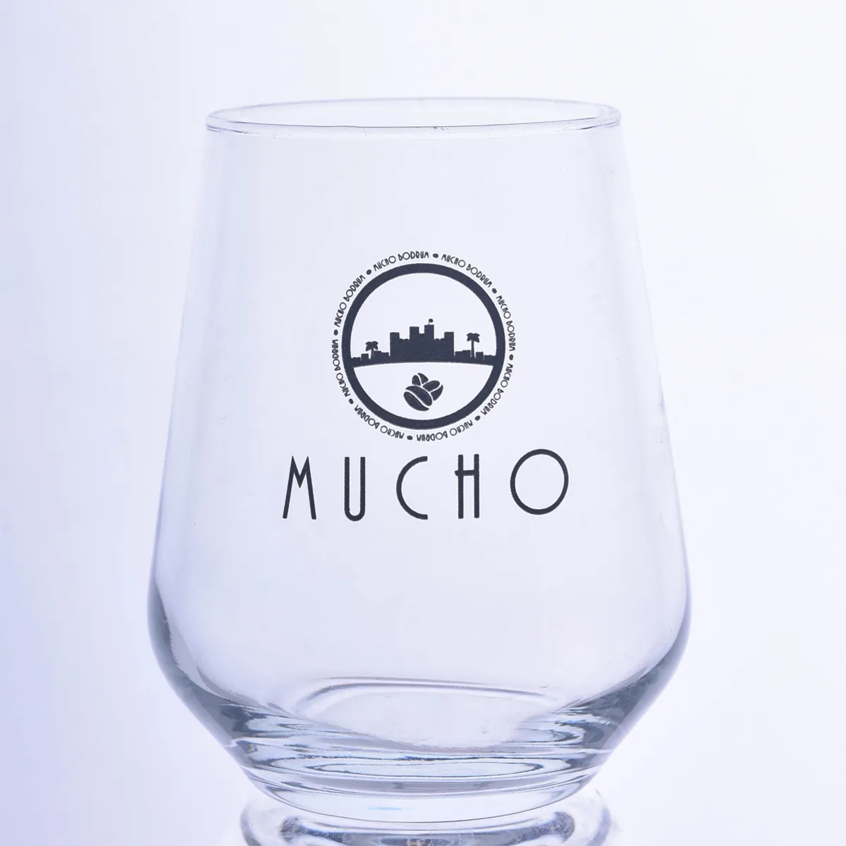 Black round emblem and text logo-printed water glass — Model 1004c