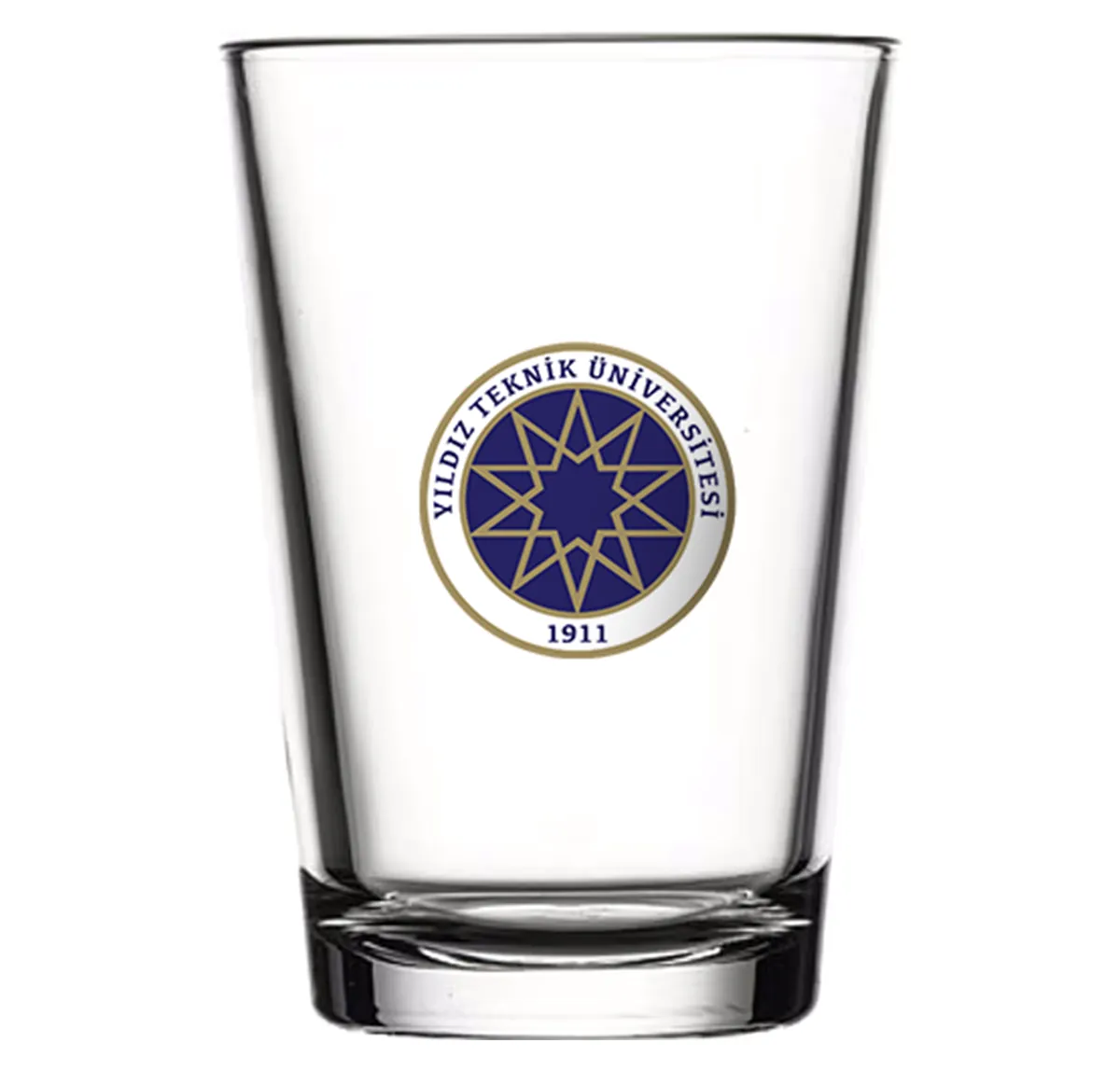 Navy blue-and-gold round emblem-printed water glass — Model 1005c