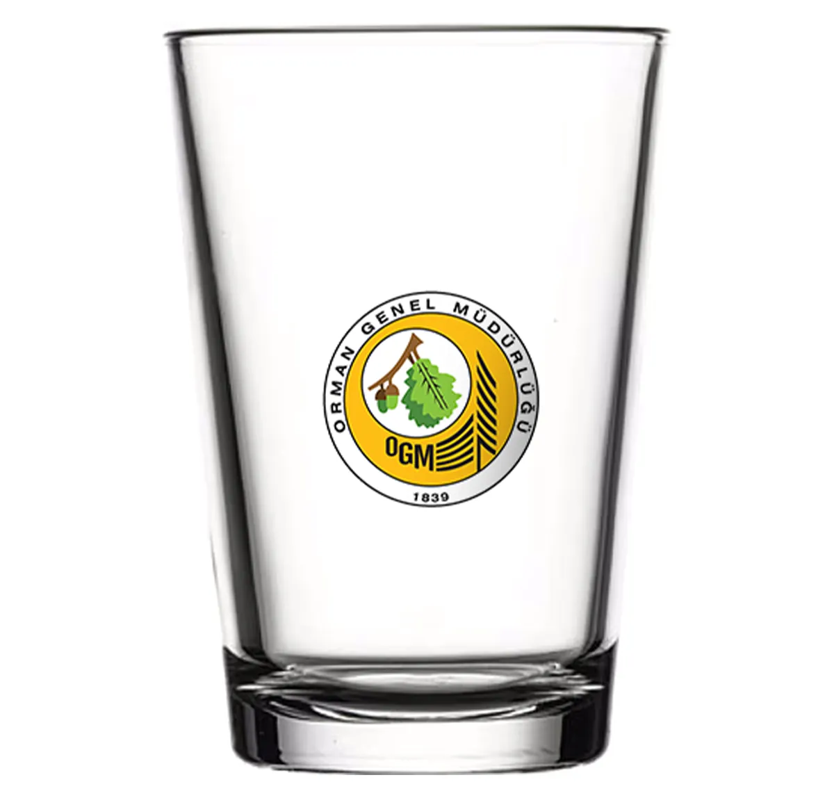 Yellow-and-green round emblem-printed water glass — Model 1005c