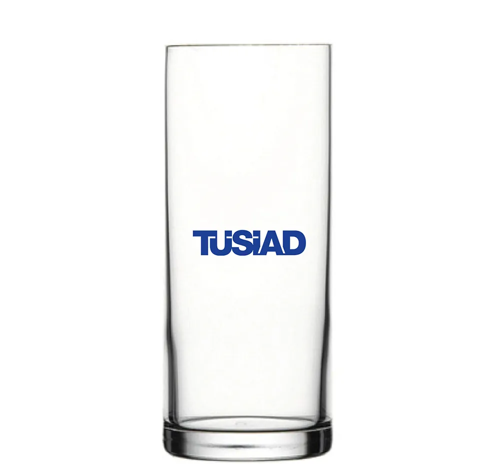 Mavi yazı logo baskılı uzun cam bardak — Model 1006c