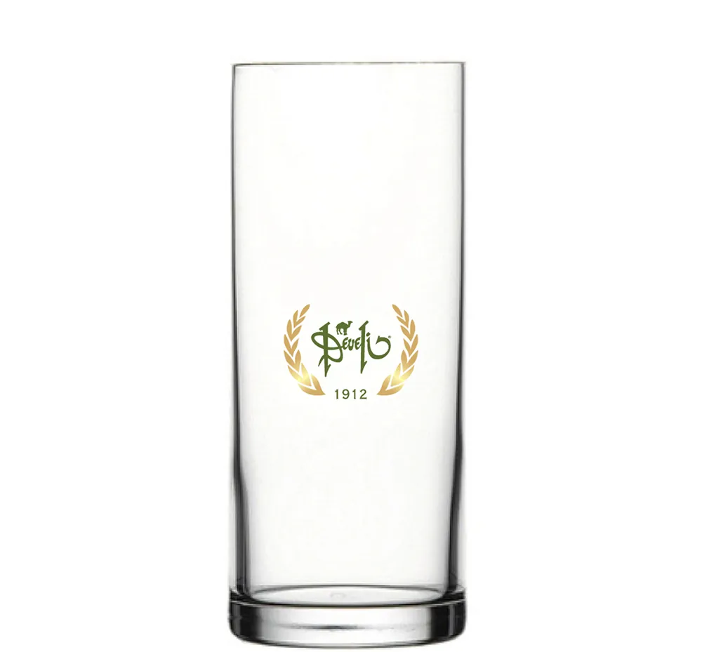 Yeşil monogram ve altın başak çelenkli logo baskılı uzun cam bardak — Model 1006c